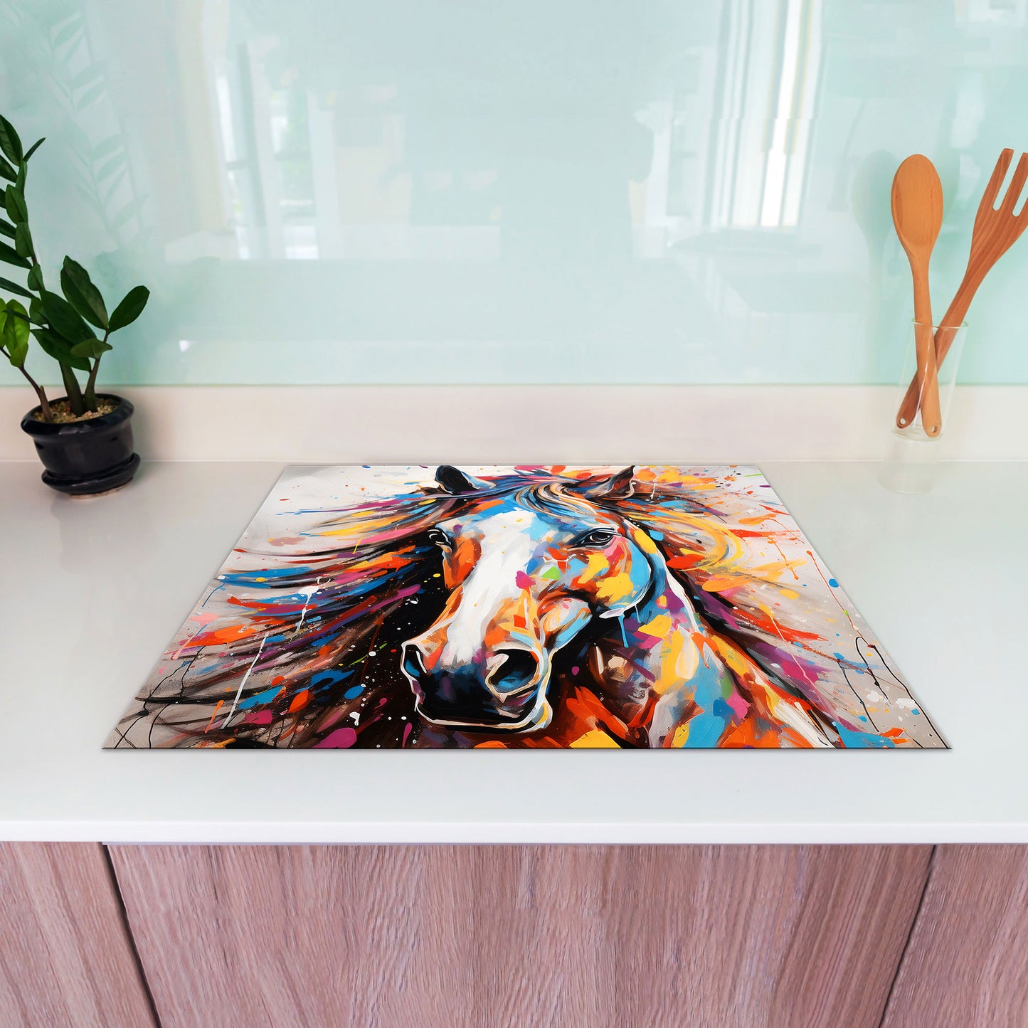 Abstrakt Pferd Pop Art Herdabdeckplatte Induktionsschutz für Ceranfeld & Küche Deko