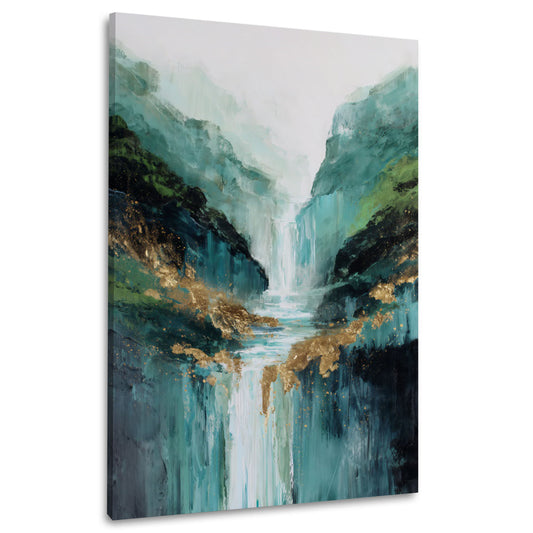 Abstrakt Wasserfall Fluss Berge türkis goldene Akzente Wandbild