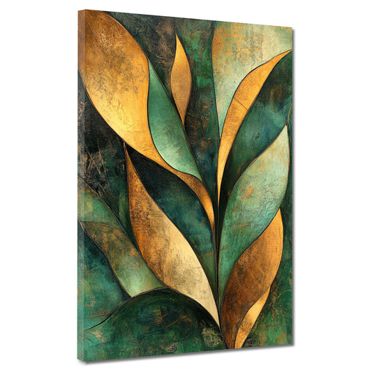 Abstrakt Blattformen Gold Grün Natur Wandbild