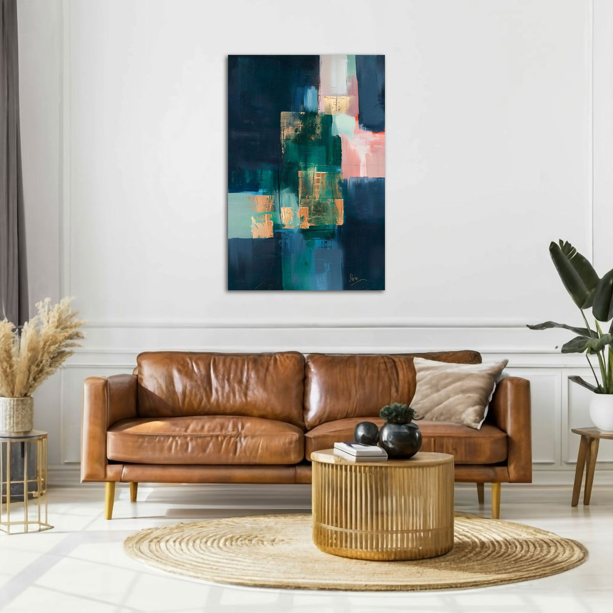Elegantes abstraktes Wandbild im Hochformat an einer Wohnraumwand