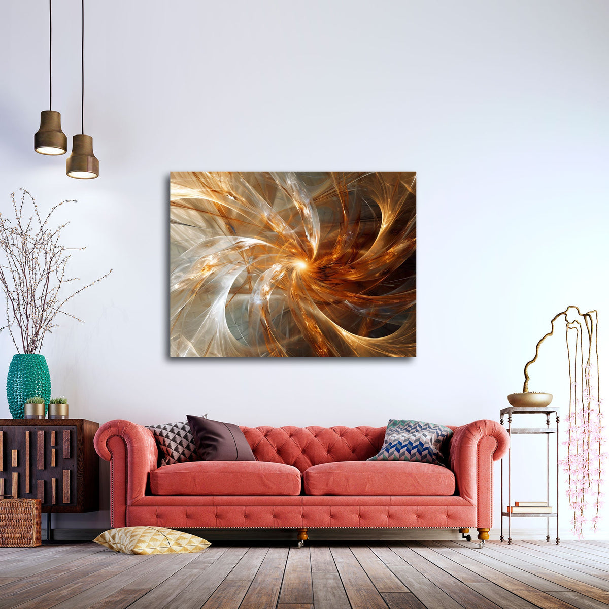 Abstraktes Wandbild im Querformat an einer Wohnraumwand