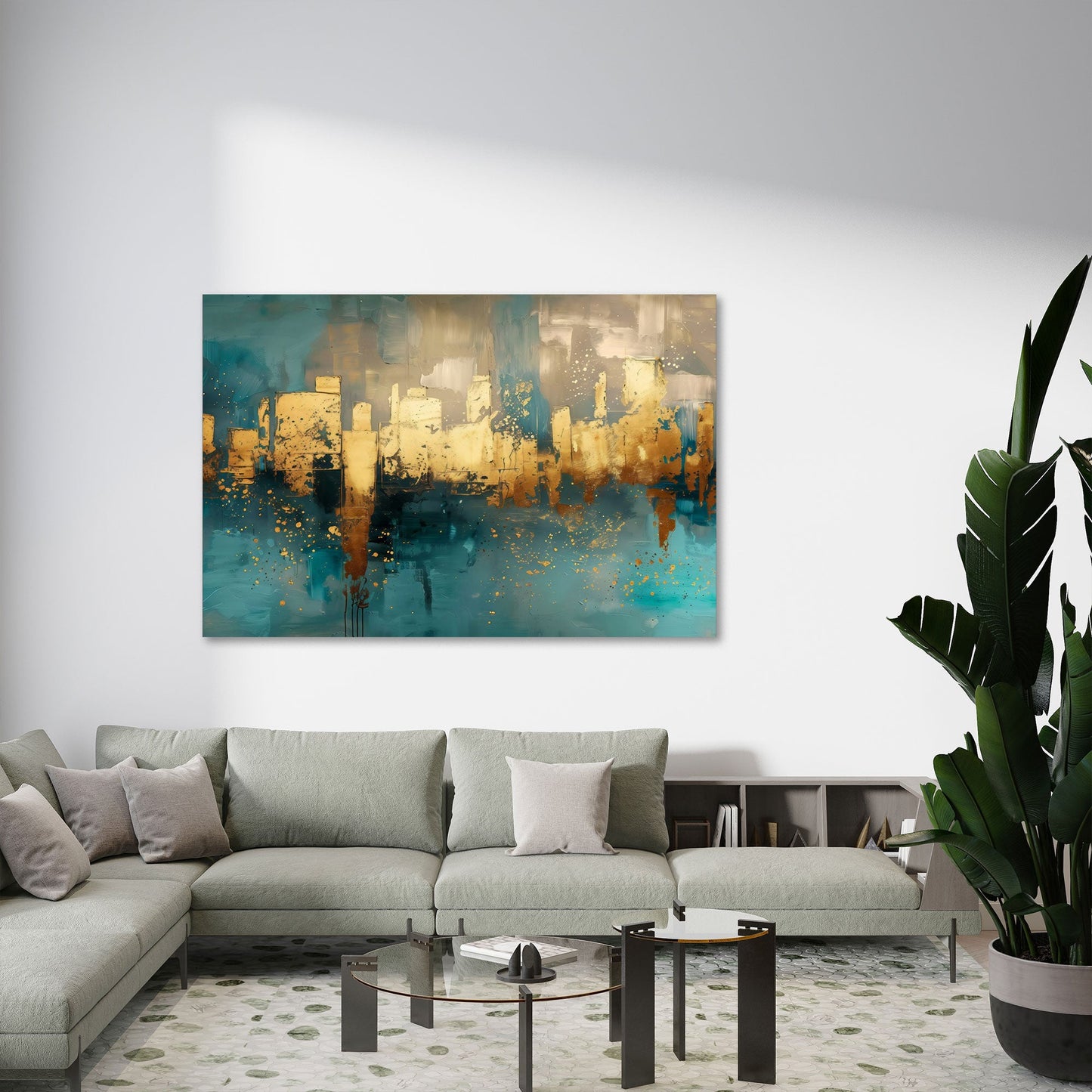 Abstrakte Skyline in Gold und Türkis in Aquarell Wandbild