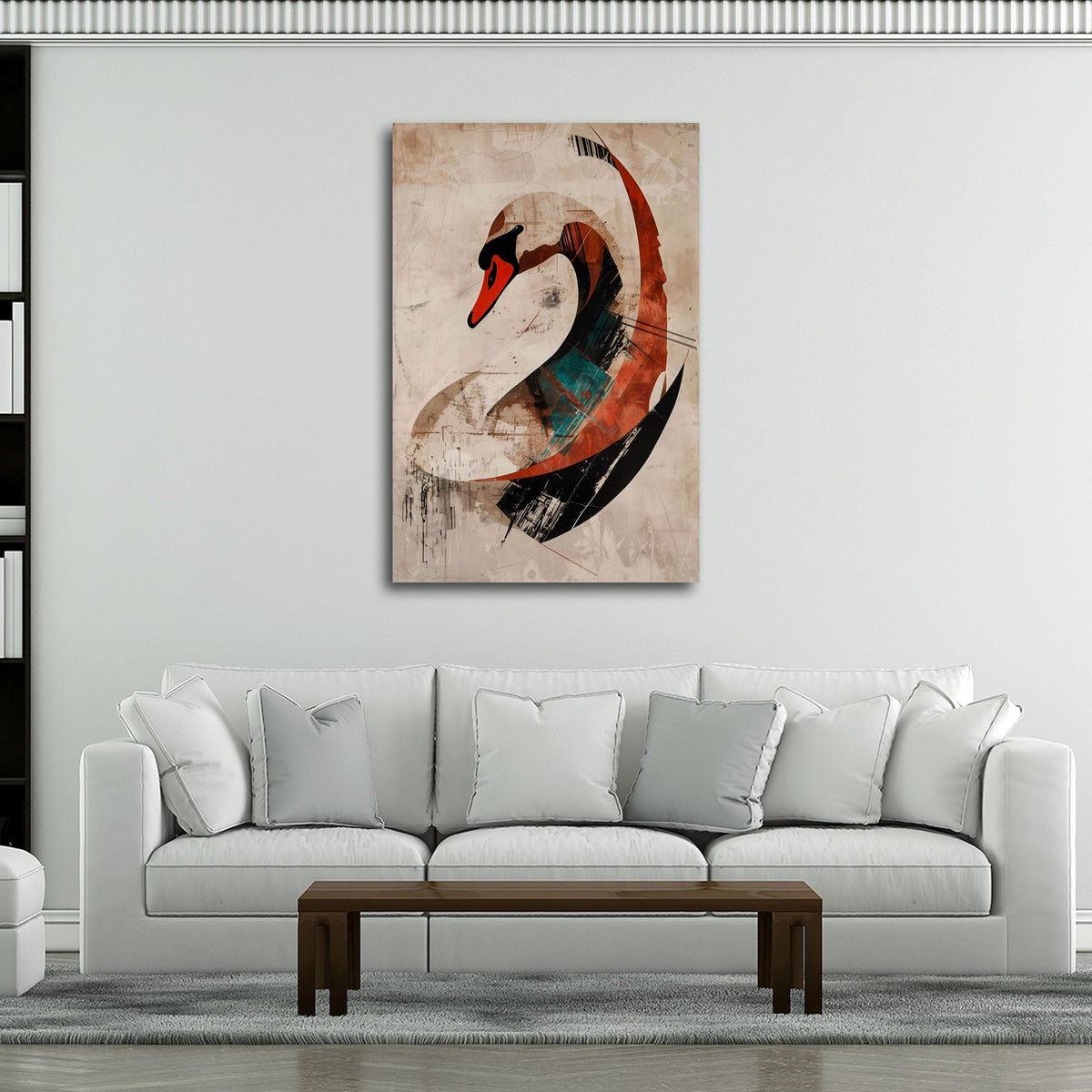 Schwan Wandbild über einem Sofa im Wohnraum