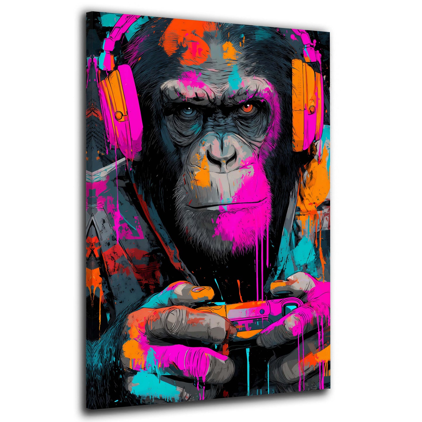 Affe mit Kopfhoerern und Gamecontroller Graffiti Wandbild