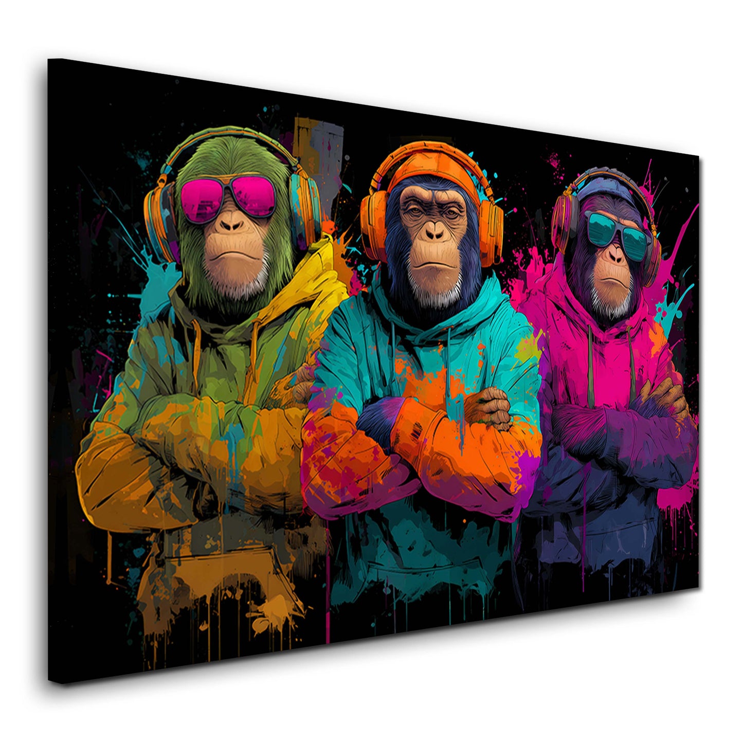 Affen mit Hoodies und Kopfhoerern neon Pop Art Wandbild
