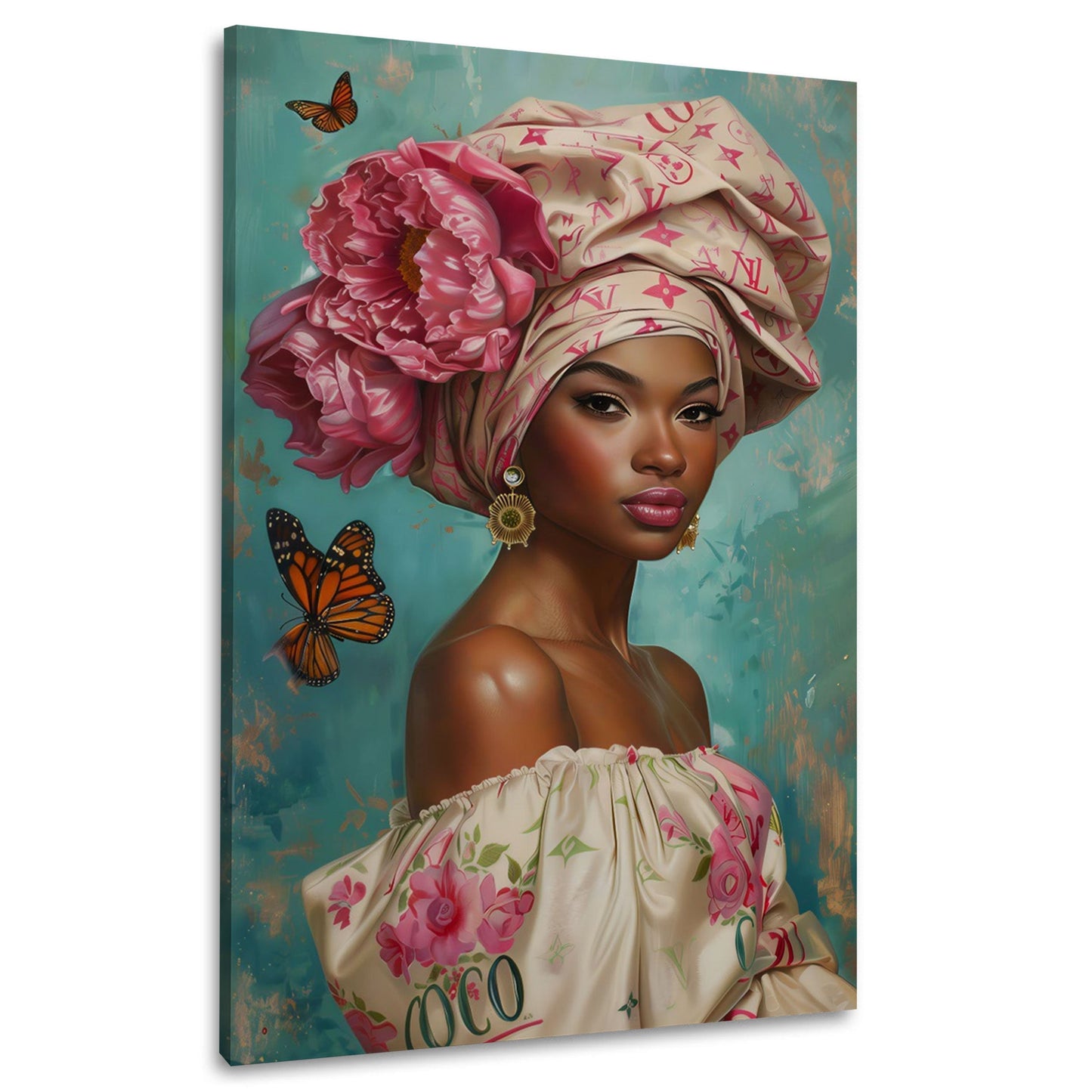Afrikanische Frau mit Blumen-Turban und Schmetterlingen Wandbild