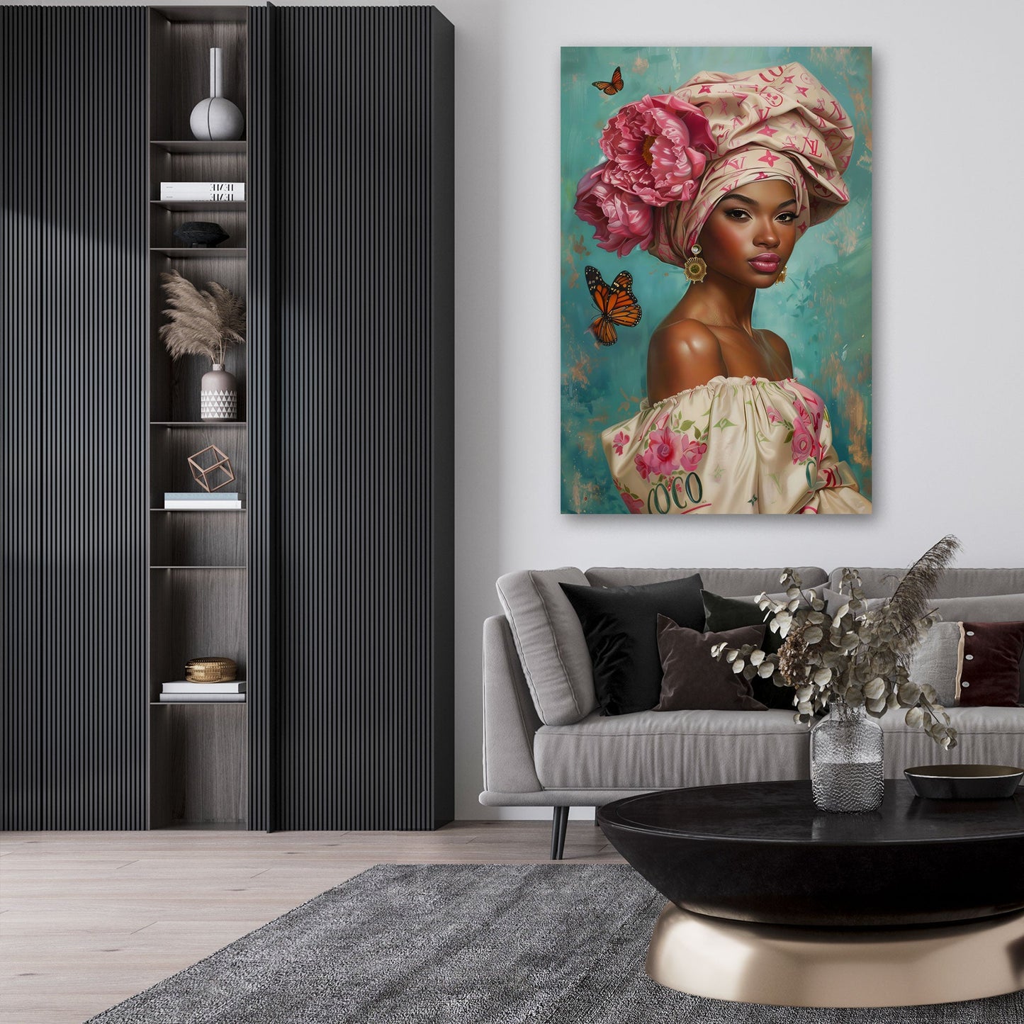Afrikanische Frau mit Blumen-Turban und Schmetterlingen Wandbild