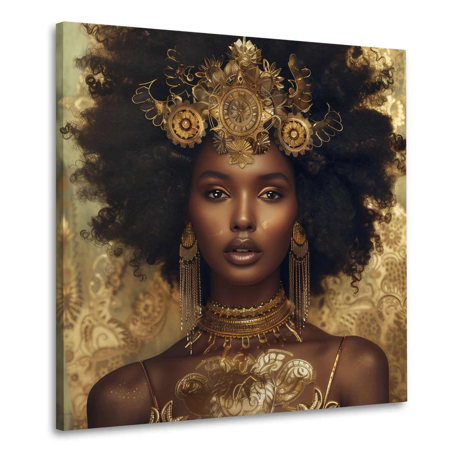 Elegantes Porträt der afrikanischen Frau mit Goldschmuck und Krone Wandbild