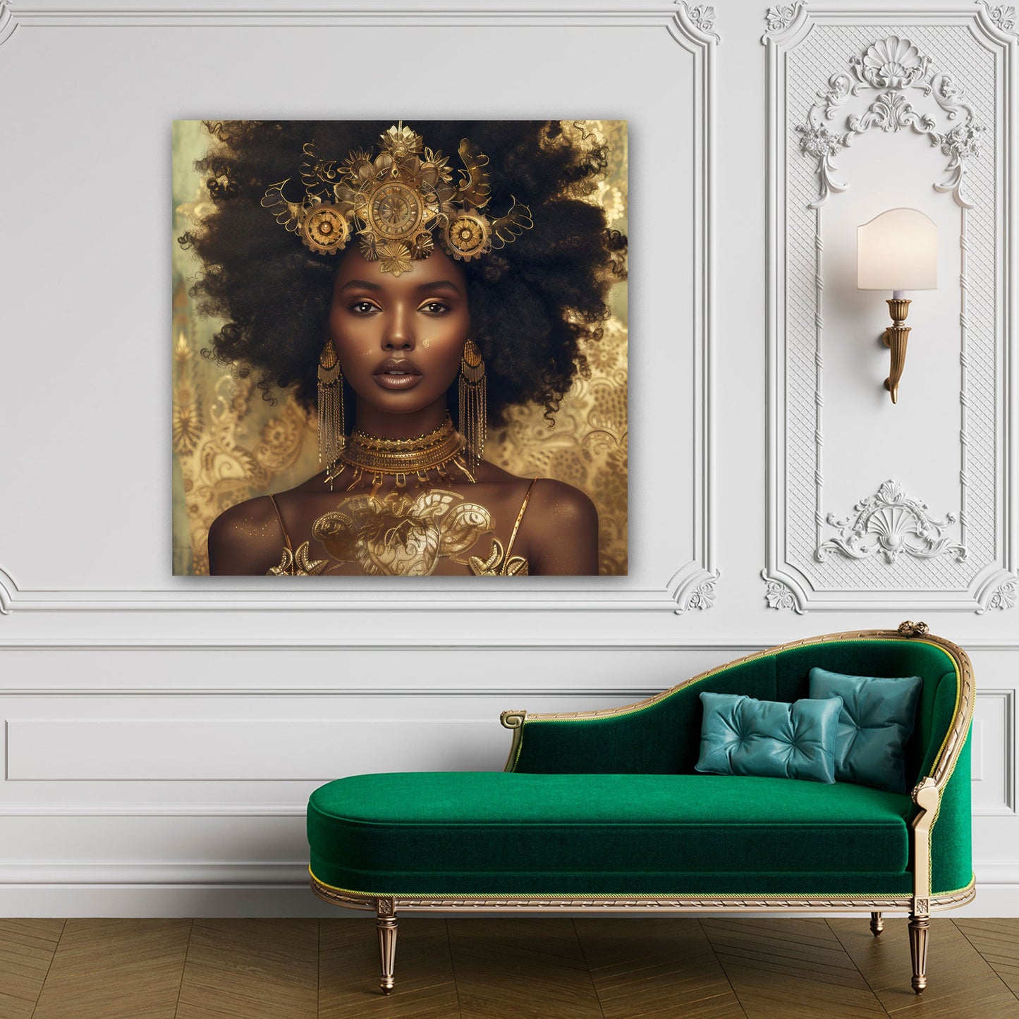 Elegantes Porträt der afrikanischen Frau mit Goldschmuck und Krone Wandbild