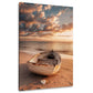 Altes Holzboot am Strand bei Sonnenuntergang Wandbild im Hochformat