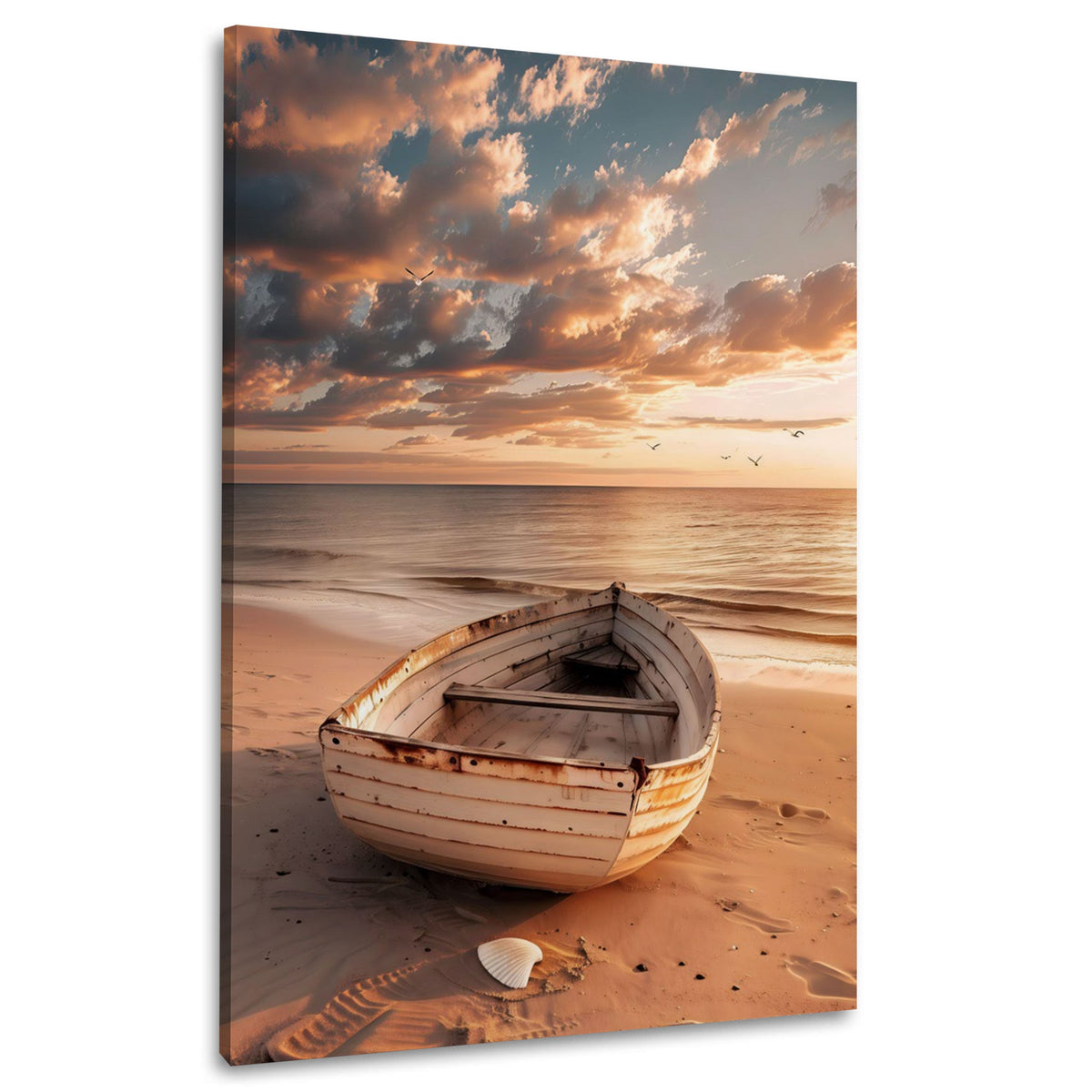 Altes Holzboot am Strand bei Sonnenuntergang Wandbild im Hochformat