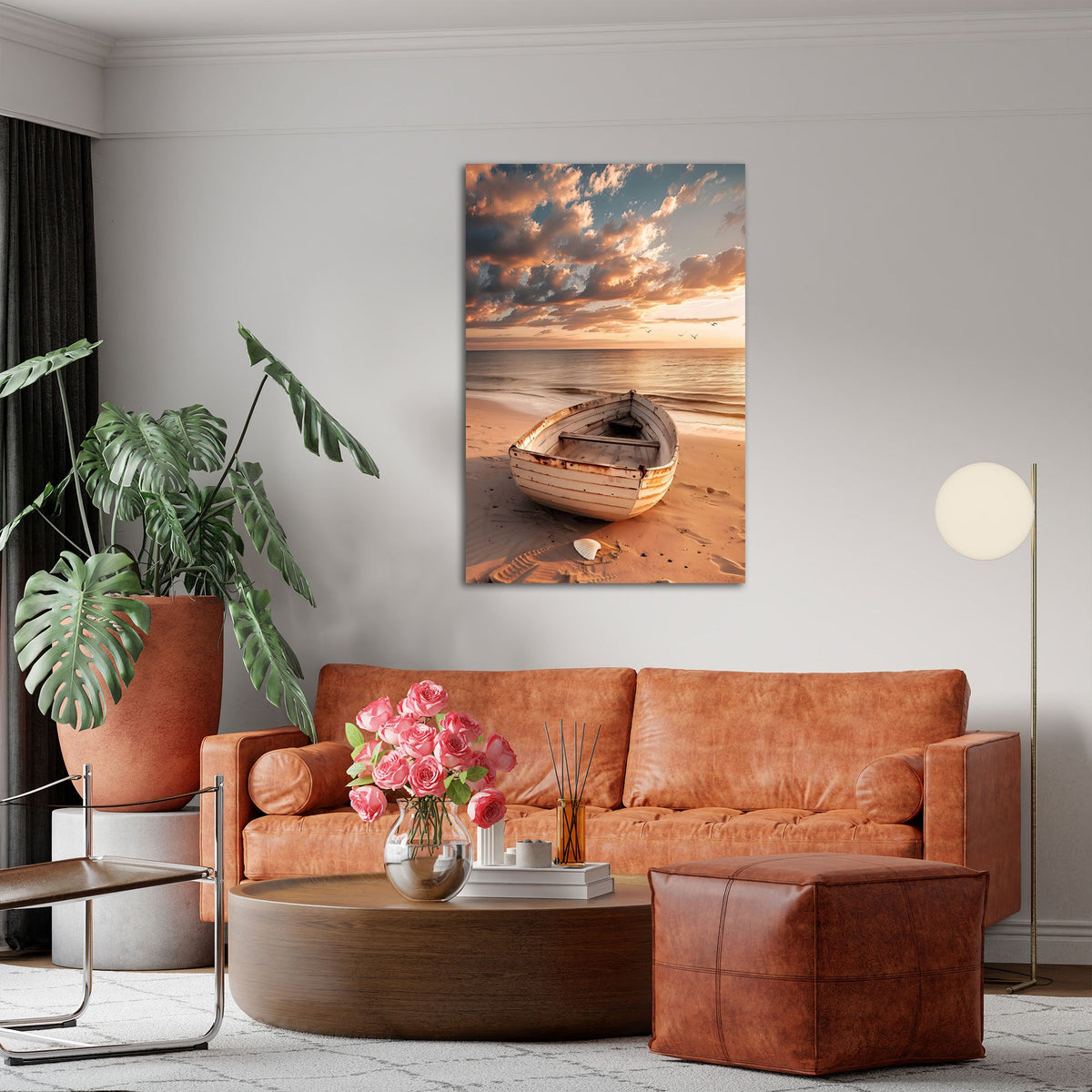 Strand Wandbild mit Boot im Hochformat an einer Wohnraumwand
