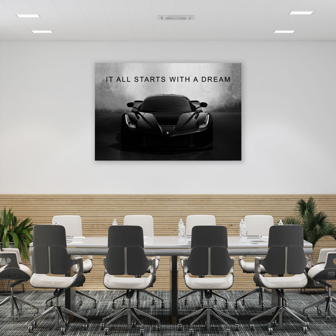 Wandbild Leinwandbild Motivation Sportwagen schwarz, It Starts With A Dream