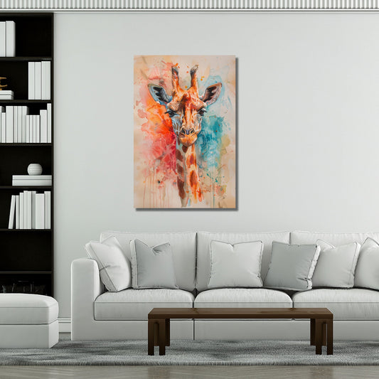 Farbenfrohes Giraffenportrait als Leinwandbild im Wohnzimmer