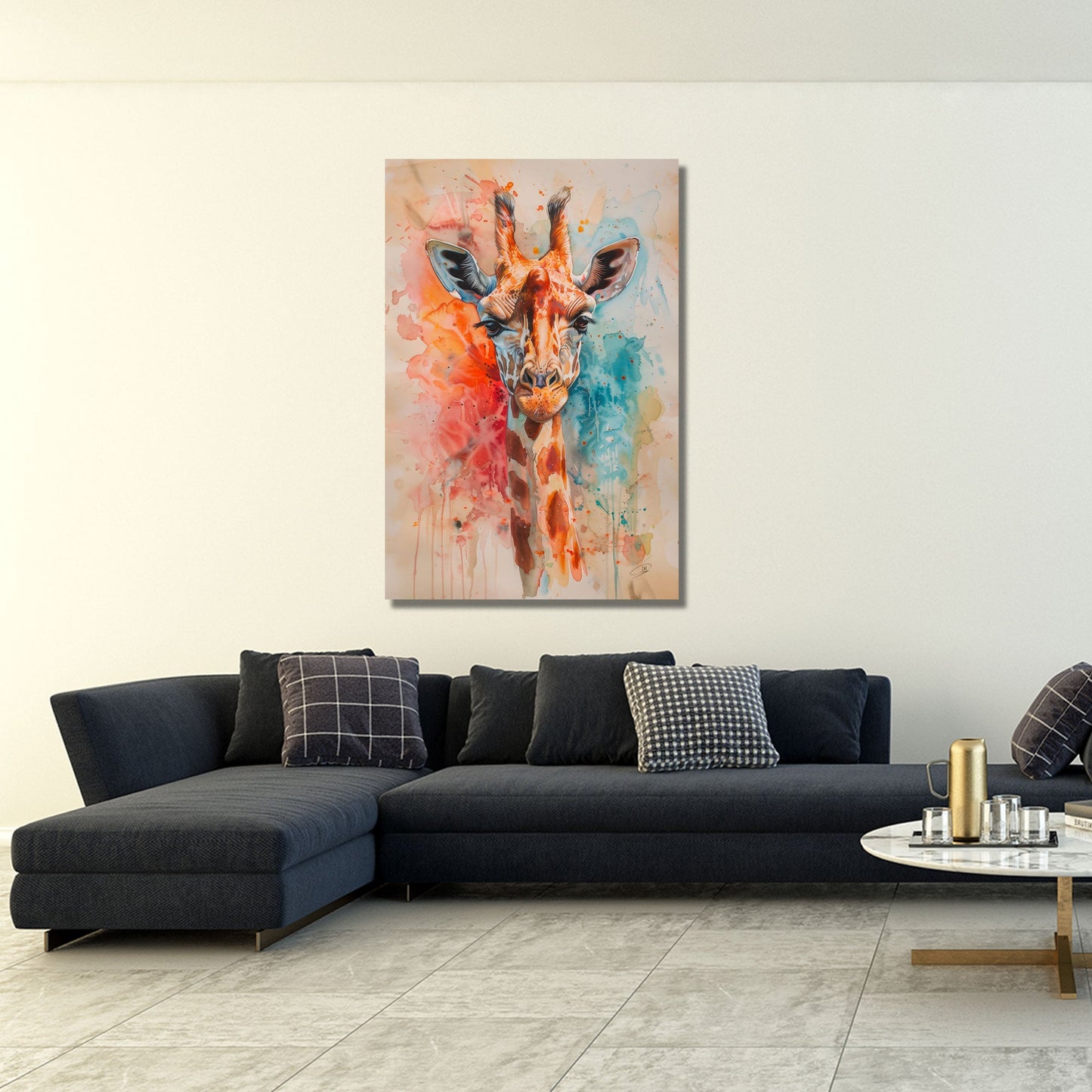 Aquarell Giraffenportrait bunt und farbenfroh Wandbild