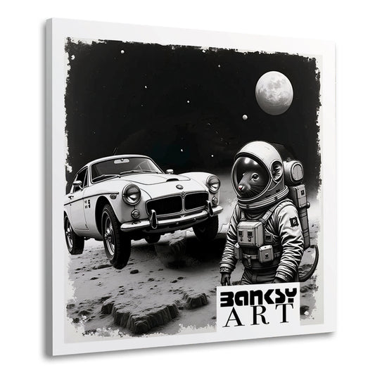 Astronaut Maus neben Retro Auto im All BANKSY-ART Wandbild