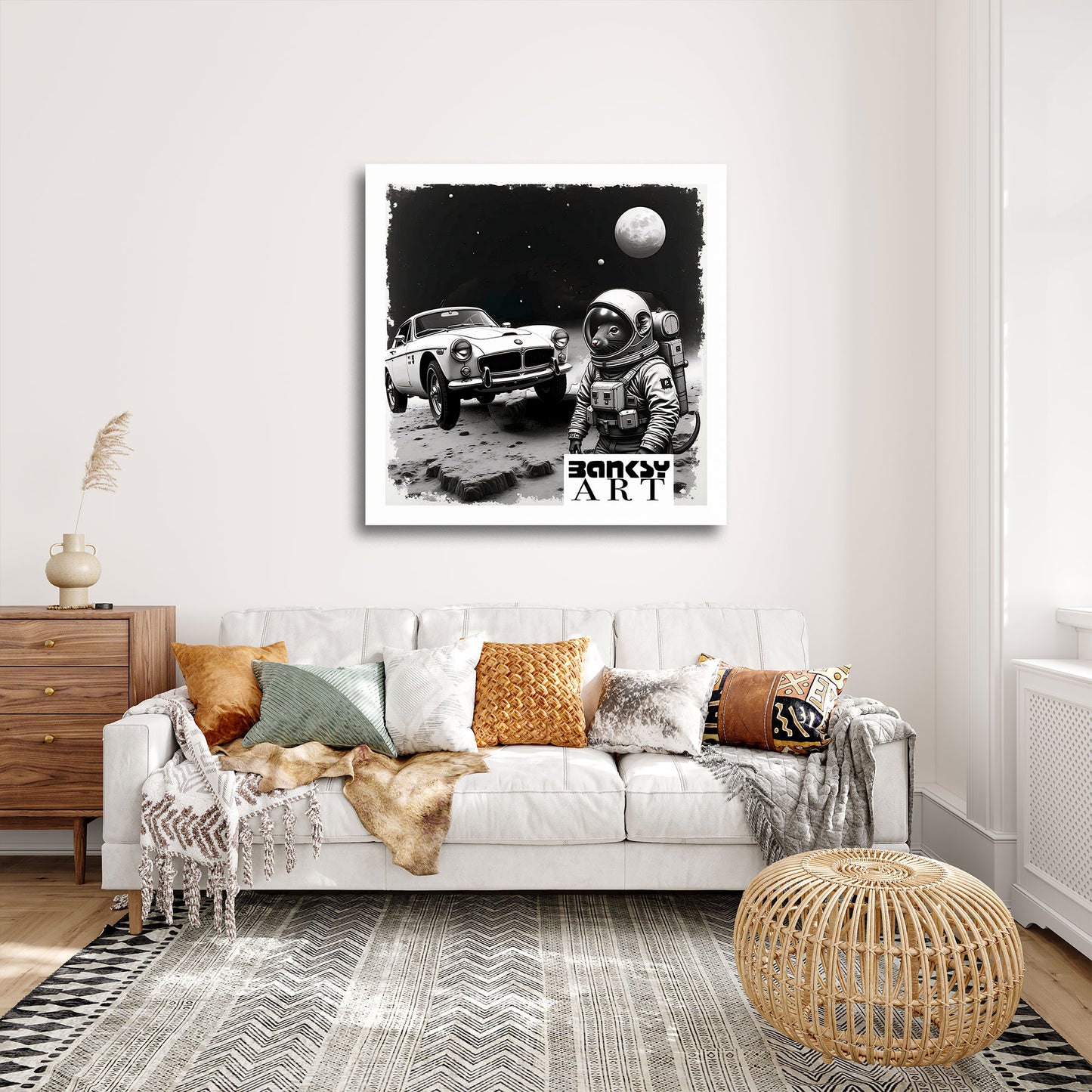 Astronaut Maus neben Retro Auto im All BANKSY-ART Wandbild