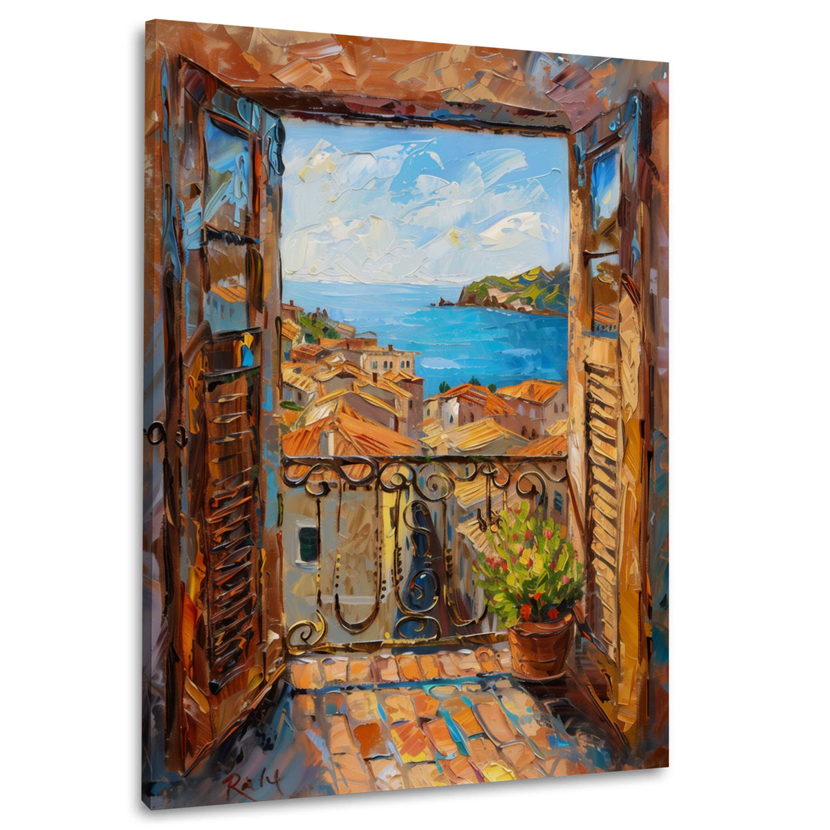 Balkon mit Blick auf Meer und mediterrane Dächer Wandbild im Hochformat