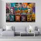 Street Art Wandbild mit Putten und Graffiti über einem Sofa im Wohnraum