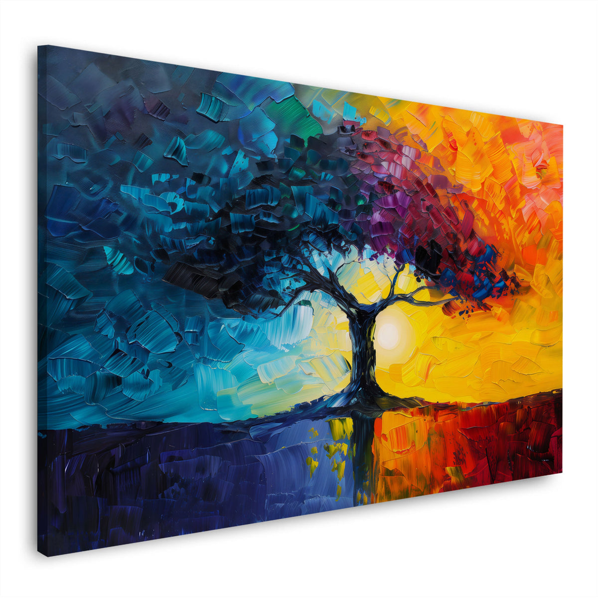 Baum mit Blättermeer in Blau und Rot Wandbild im Querformat