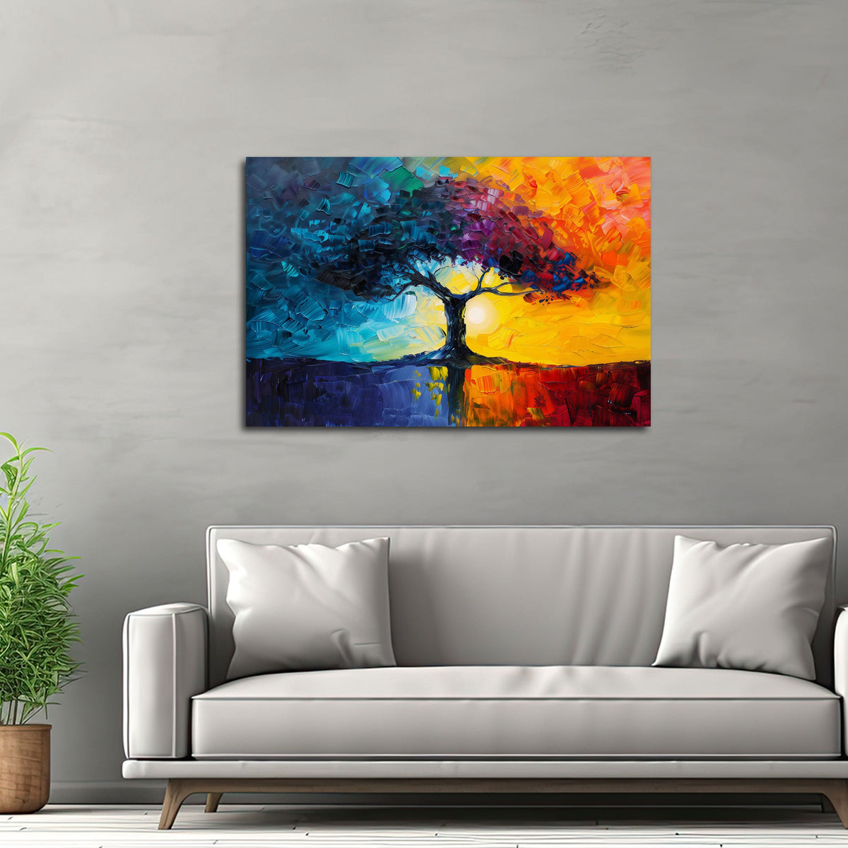 Buntes Baum Wandbild im Querformat an einer Wohnraumwand