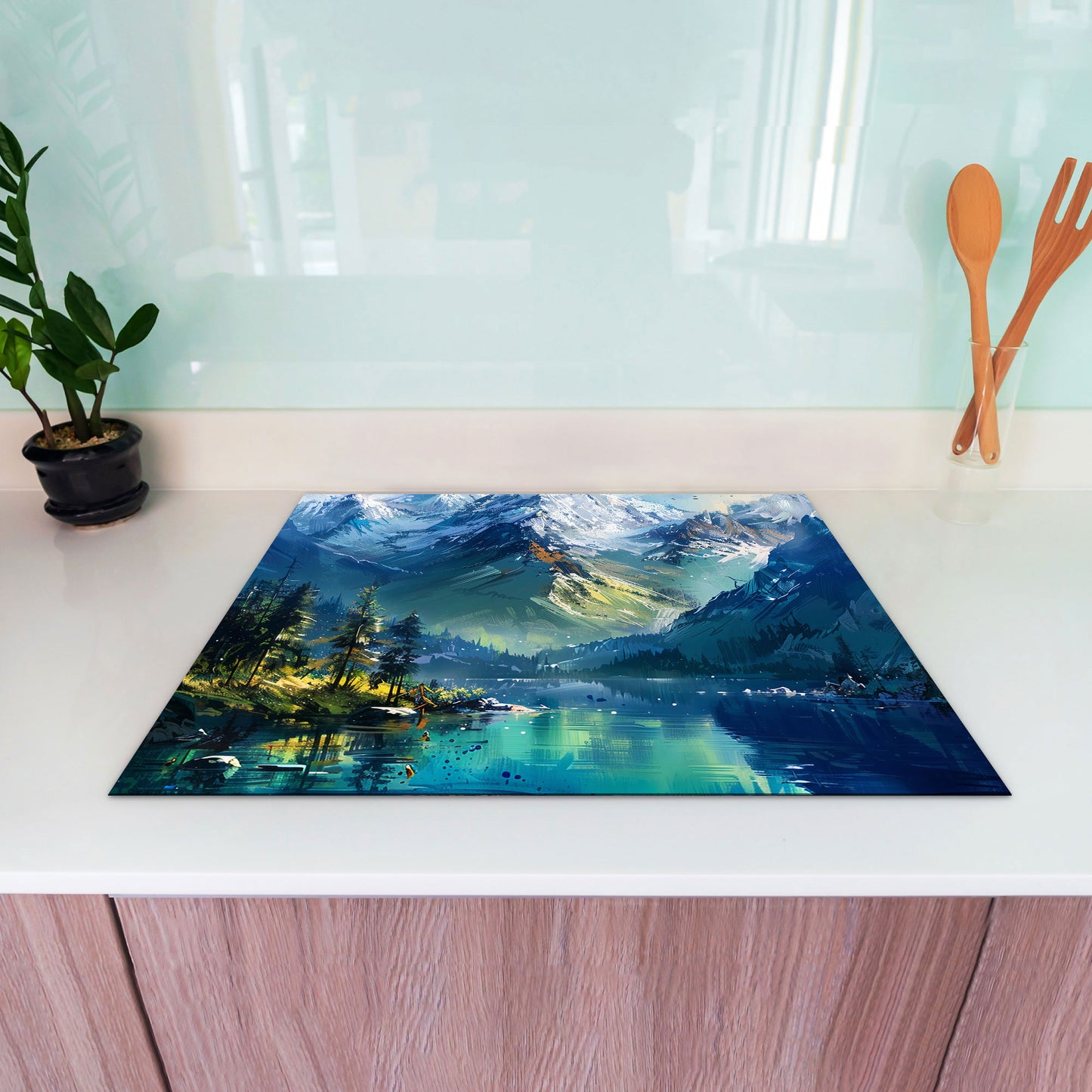 Berglandschaft mit See Herdabdeckplatte Induktionsschutz für Ceranfeld & Küche Deko