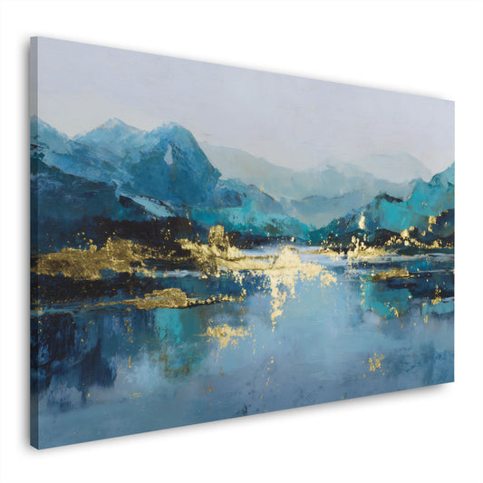 Berglandschaft See abstrakt Natur blau goldene Akzente Wandbild