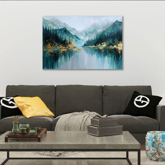 Berglandschaft See abstrakt Natur blau goldene Akzente Wandbild