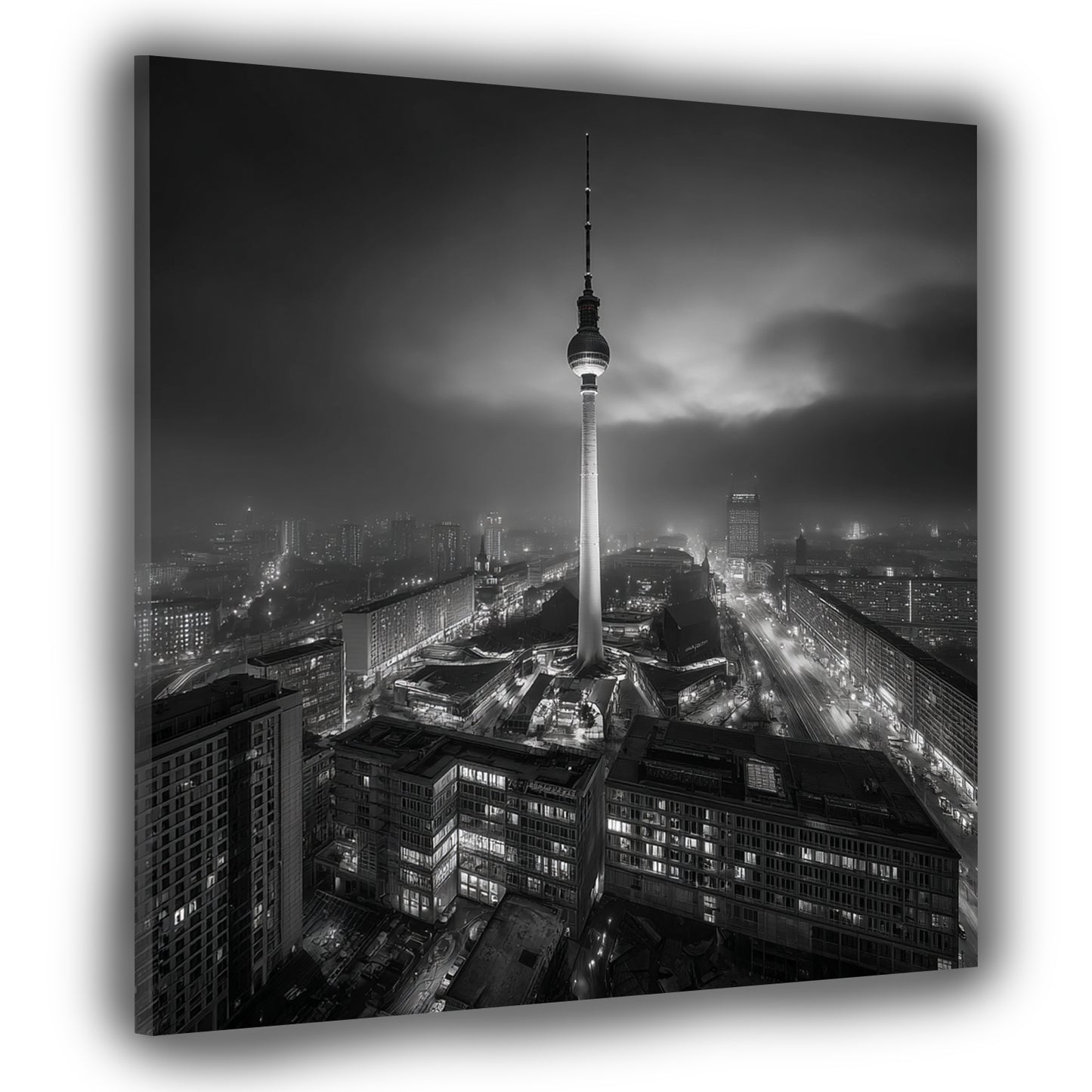 Berliner Fernsehturm schwarz weiß Skyline Nachtaufnahme Wandbild
