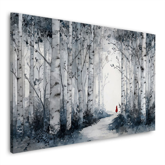 Birkenwald Landschaft Waldweg mit roter Figur Natur Wandbild