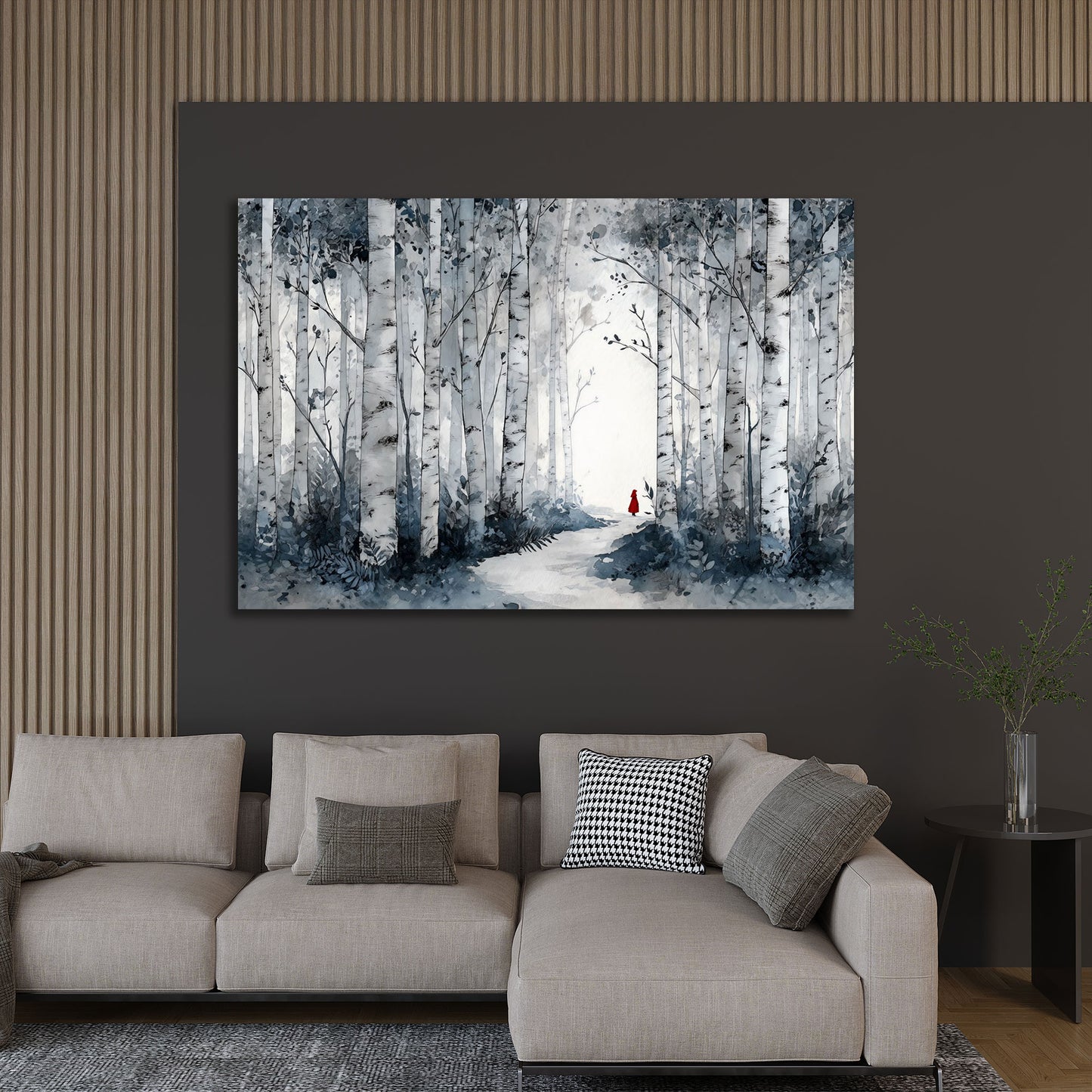Birkenwald Landschaft Waldweg mit roter Figur Natur Wandbild