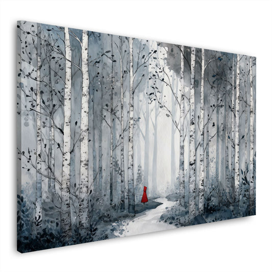 Birkenwald Landschaft Weg im Wald roter Mantel Figur Natur Wandbild