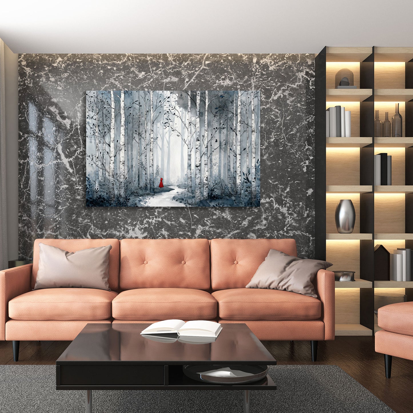 Birkenwald Landschaft Weg im Wald roter Mantel Figur Natur Wandbild
