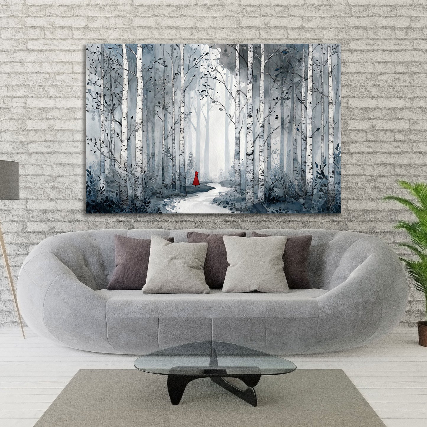 Birkenwald Landschaft Weg im Wald roter Mantel Figur Natur Wandbild