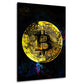 Bitcoin Goldmünze vor dunkelblauem Hintergrund Wandbild im Hochformat auf Leinwand