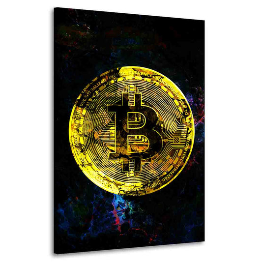 Bitcoin Goldmünze vor dunkelblauem Hintergrund Wandbild im Hochformat auf Leinwand