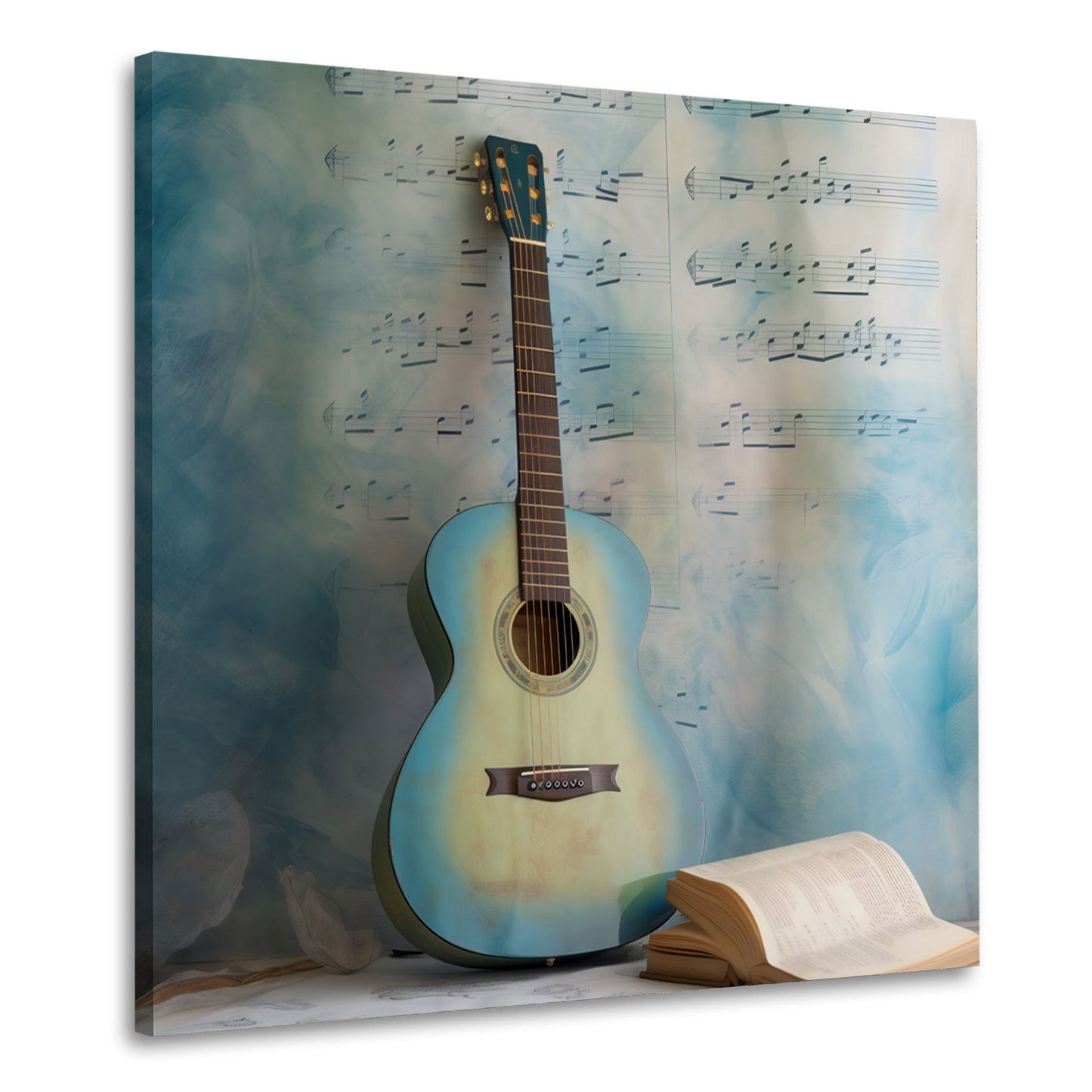 Blaue Gitarre mit Notenblatt und Buch Wandbild