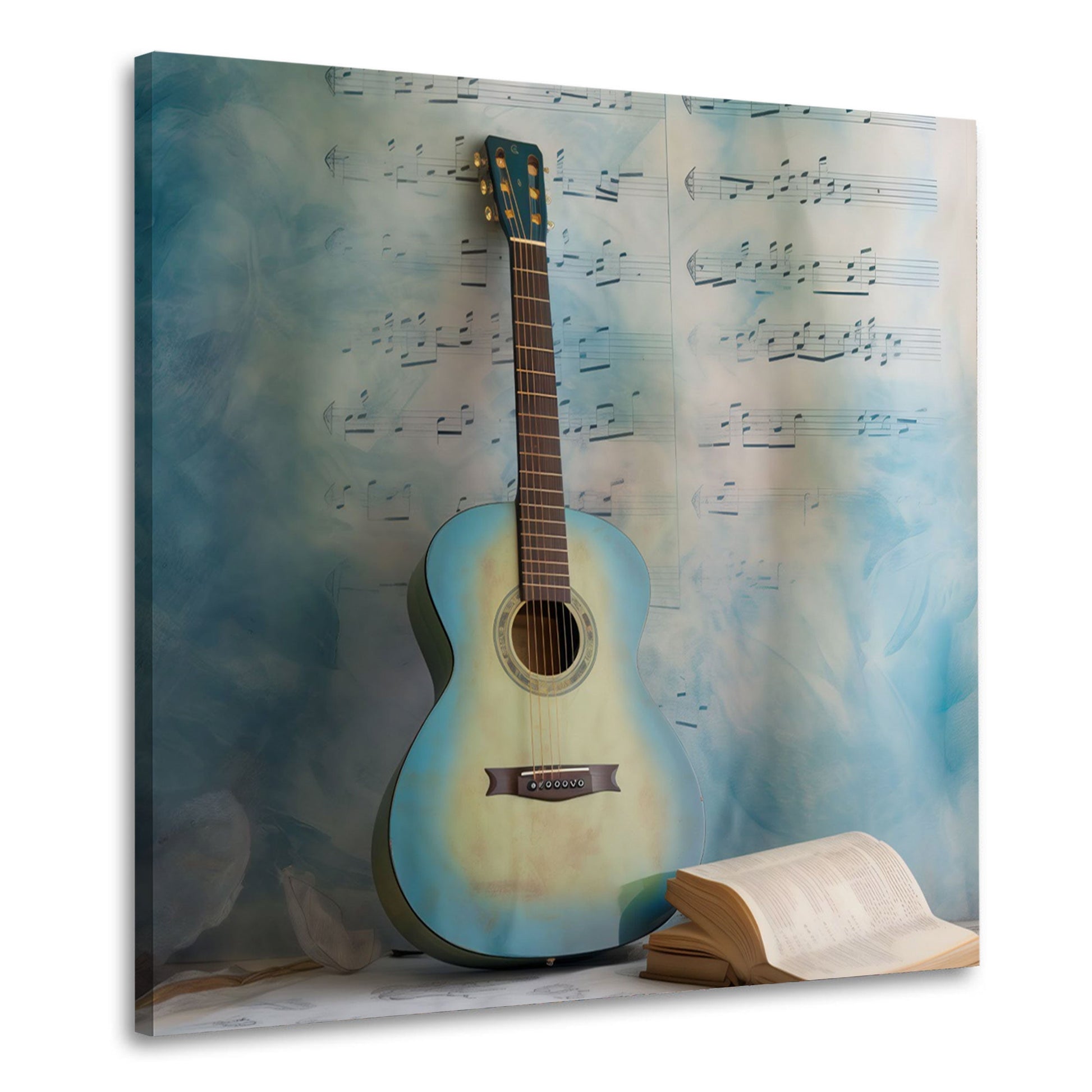Blaue Gitarre mit Notenblatt und Buch Wandbild