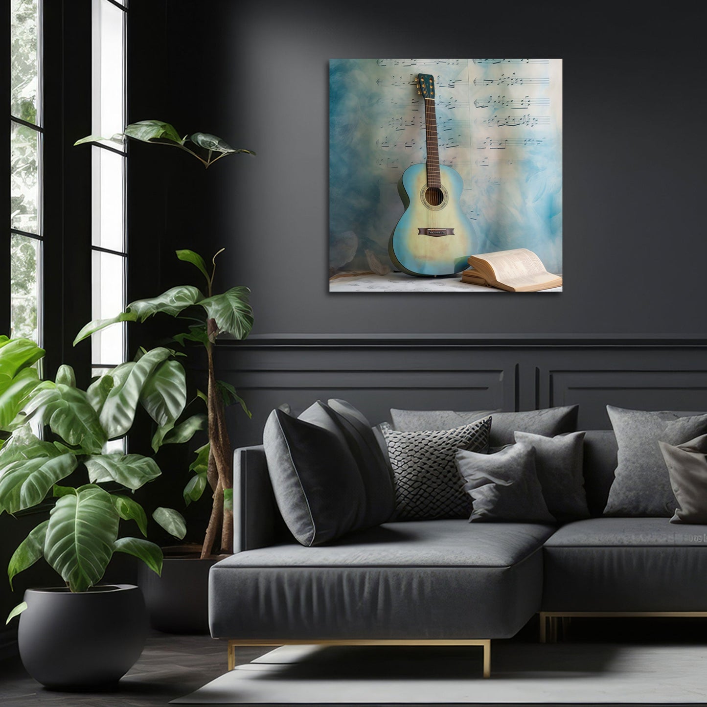 Blaue Gitarre mit Notenblatt und Buch Wandbild