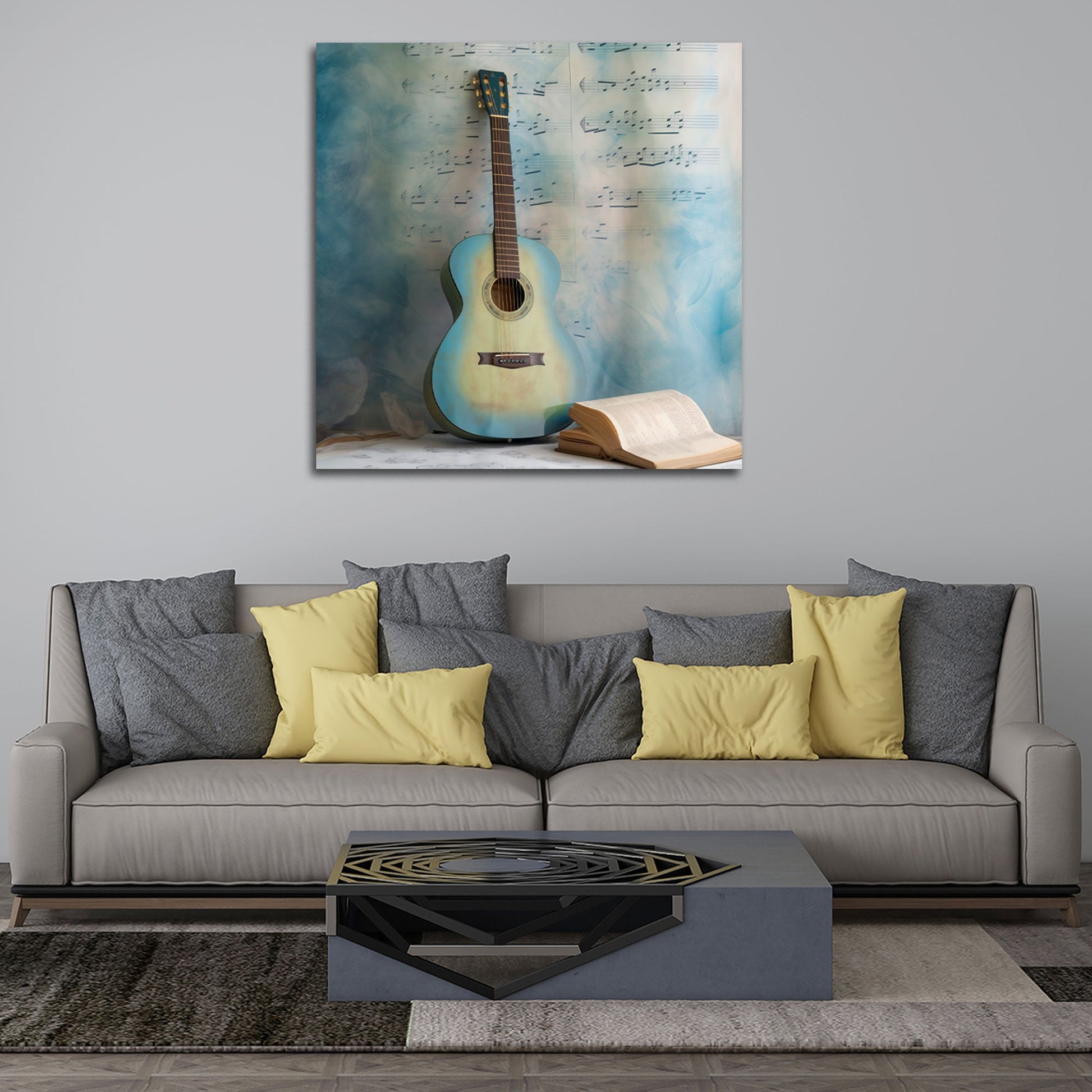 Blaue Gitarre mit Notenblatt und Buch Wandbild
