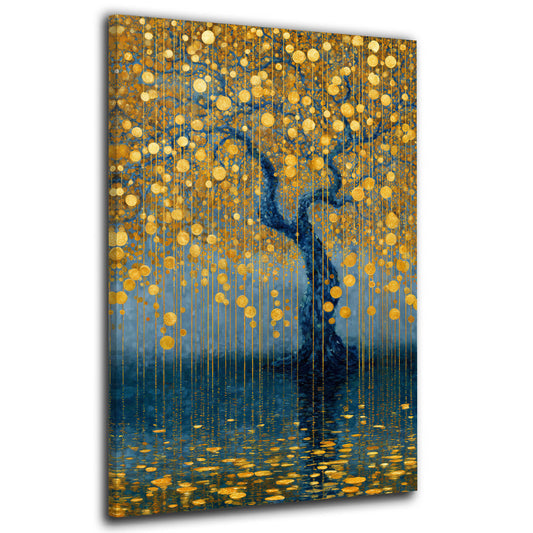 Blauer Baum Goldene Kreise Regen Spiegelung See Wandbild