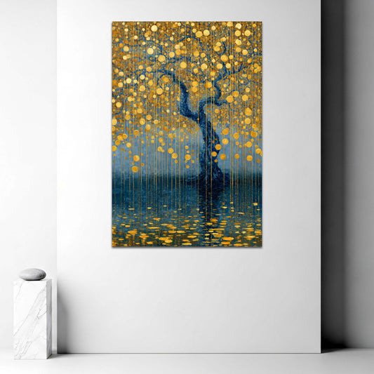 Blauer Baum Goldene Kreise Regen Spiegelung See Wandbild