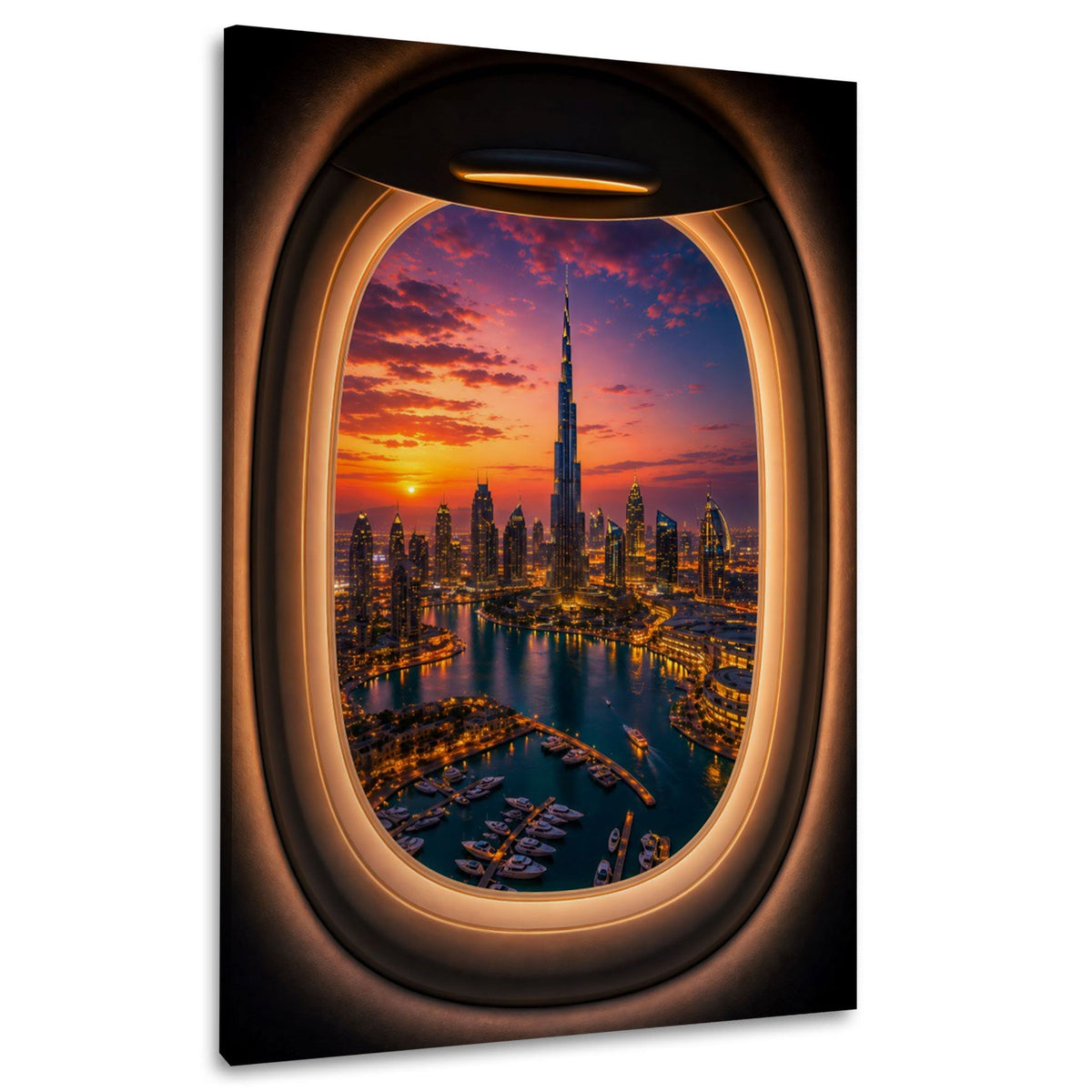 Dubai Marina aus dem Flugzeugfenster Wandbild im Hochformat