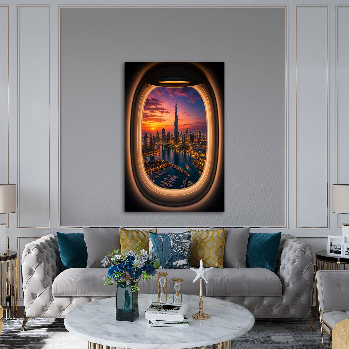 Dubai Wandbild mit Marina über einem Sofa im Wohnraum