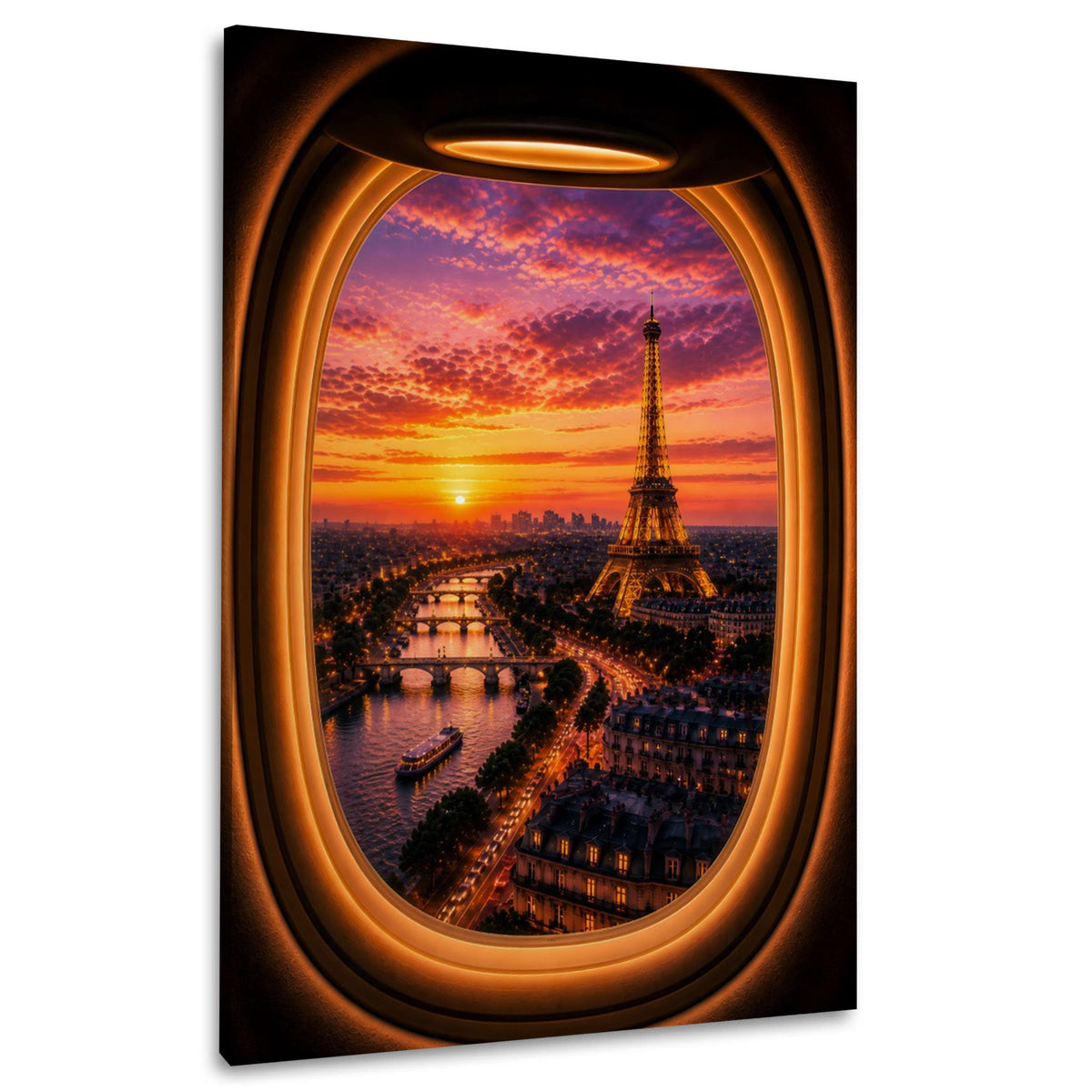 Paris mit Seine aus dem Flugzeugfenster Wandbild im Hochformat