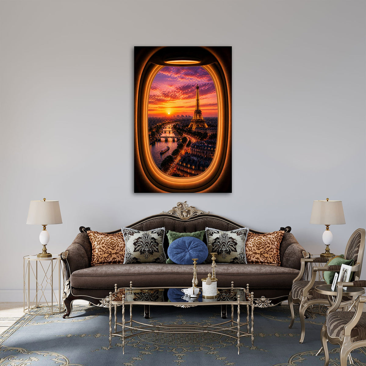 Paris Wandbild mit Seine über einem Sofa im Wohnraum