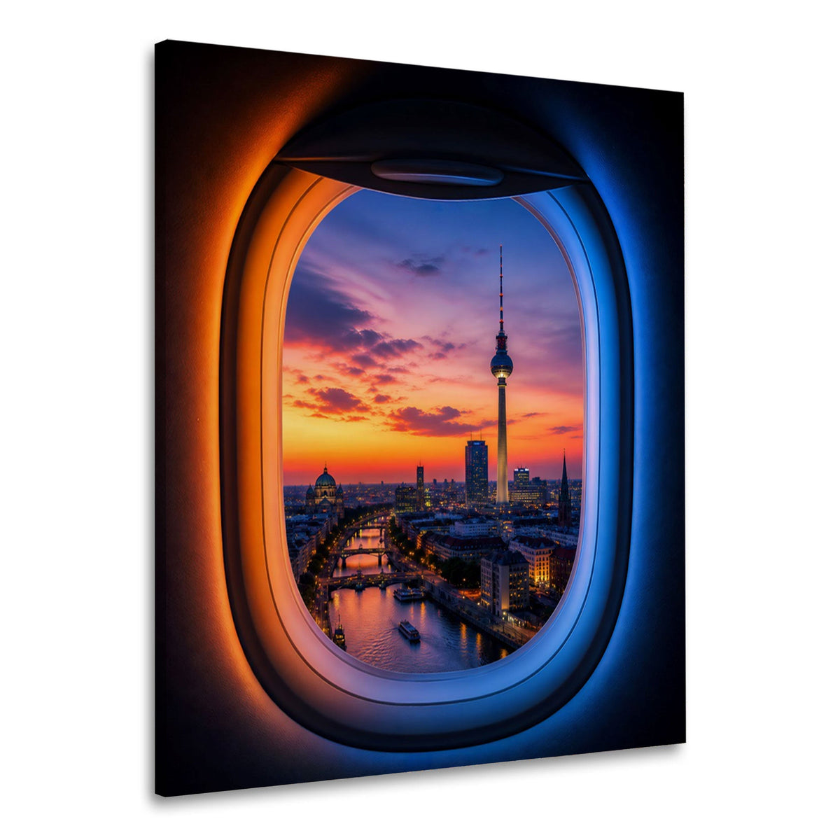 Blick aus dem Flugzeugfenster auf Berlin Wandbild im Hochformat