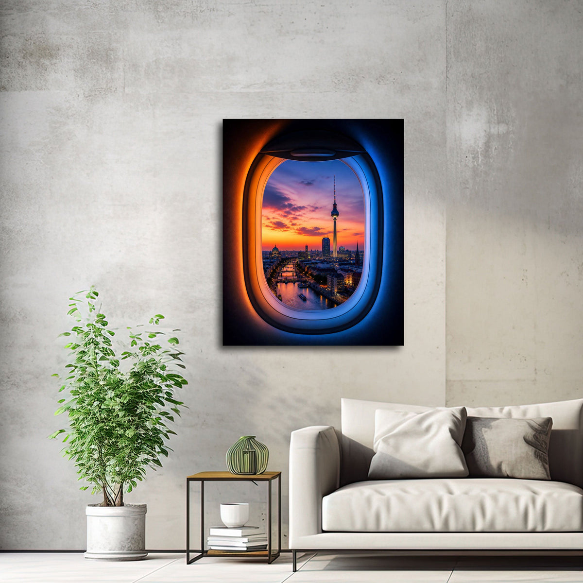 Berlin Wandbild mit Fernsehturm über einem Sofa im Wohnraum