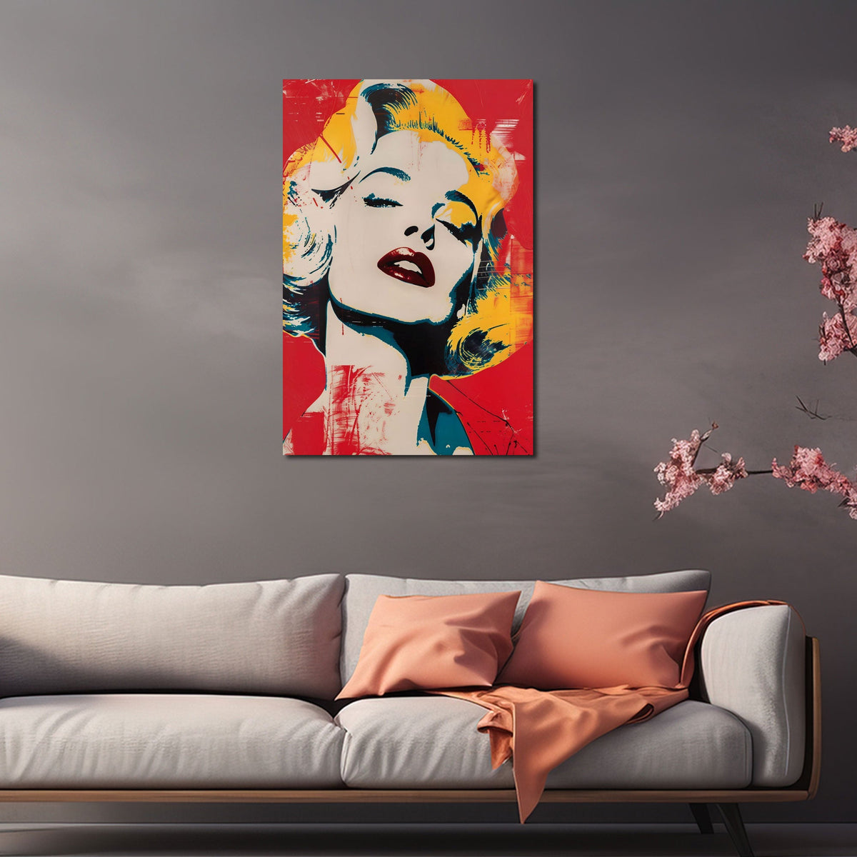 Pop Art Porträt Wandbild über einem Sofa im Wohnraum