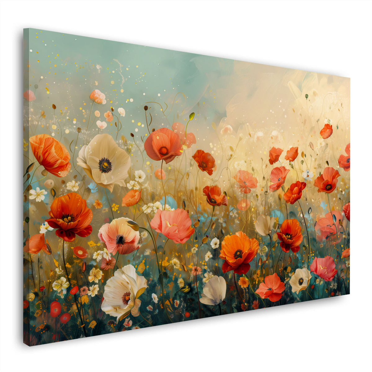 Blühende Mohnblumen in Rot und Weiß auf der Wiese Wandbild